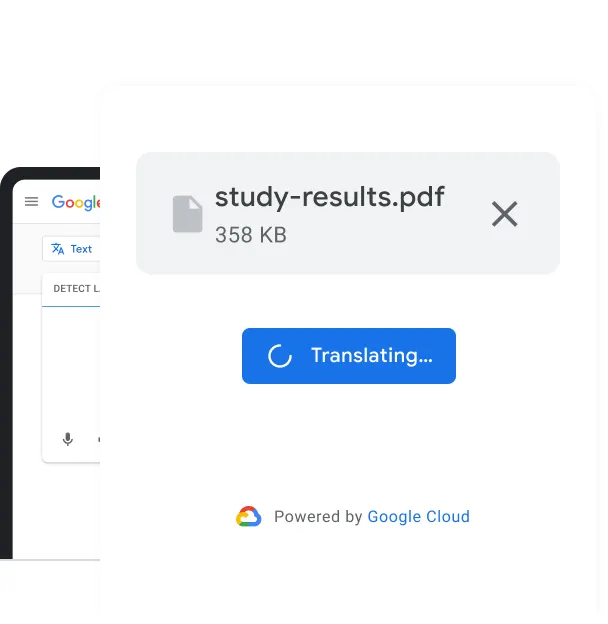 Illustrated laptop showing Translate's Document Translation function with supporting icons and illustrated shapes