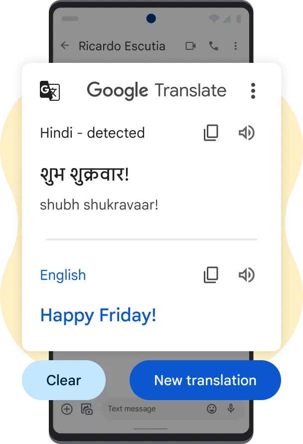 Pixel phone showing Translate's Tap to Translate function with supporting icons and illustrated shapes
